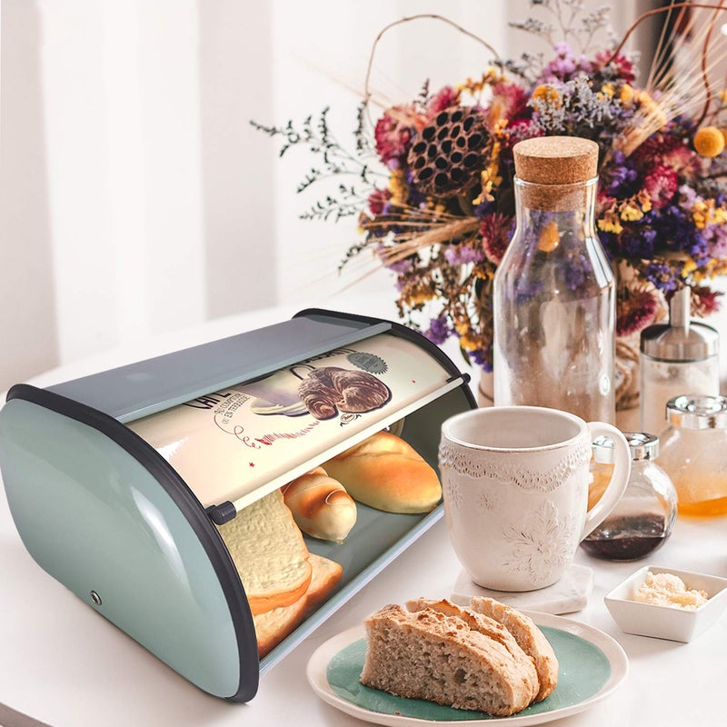 SOTECH Metal Bread Box with Roll Top Vintage Breadbox for Kitchen Countertop Retro Bread Bin Holder Counter Farmhouse Bread Storage Container Blue - Image 2
